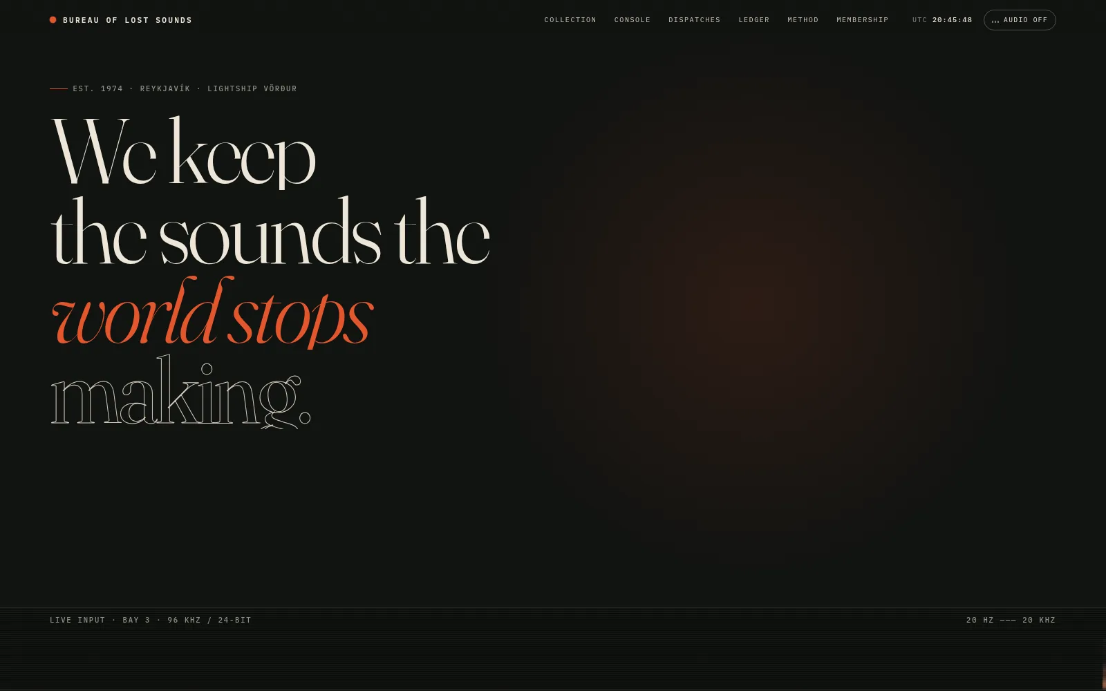 Dark editorial landing page hero reading 'We keep the sounds the world stops making' in a large serif face with orange italic emphasis, for a fictional sound archive, generated as HTML by Qwen 3.8 Flash Next