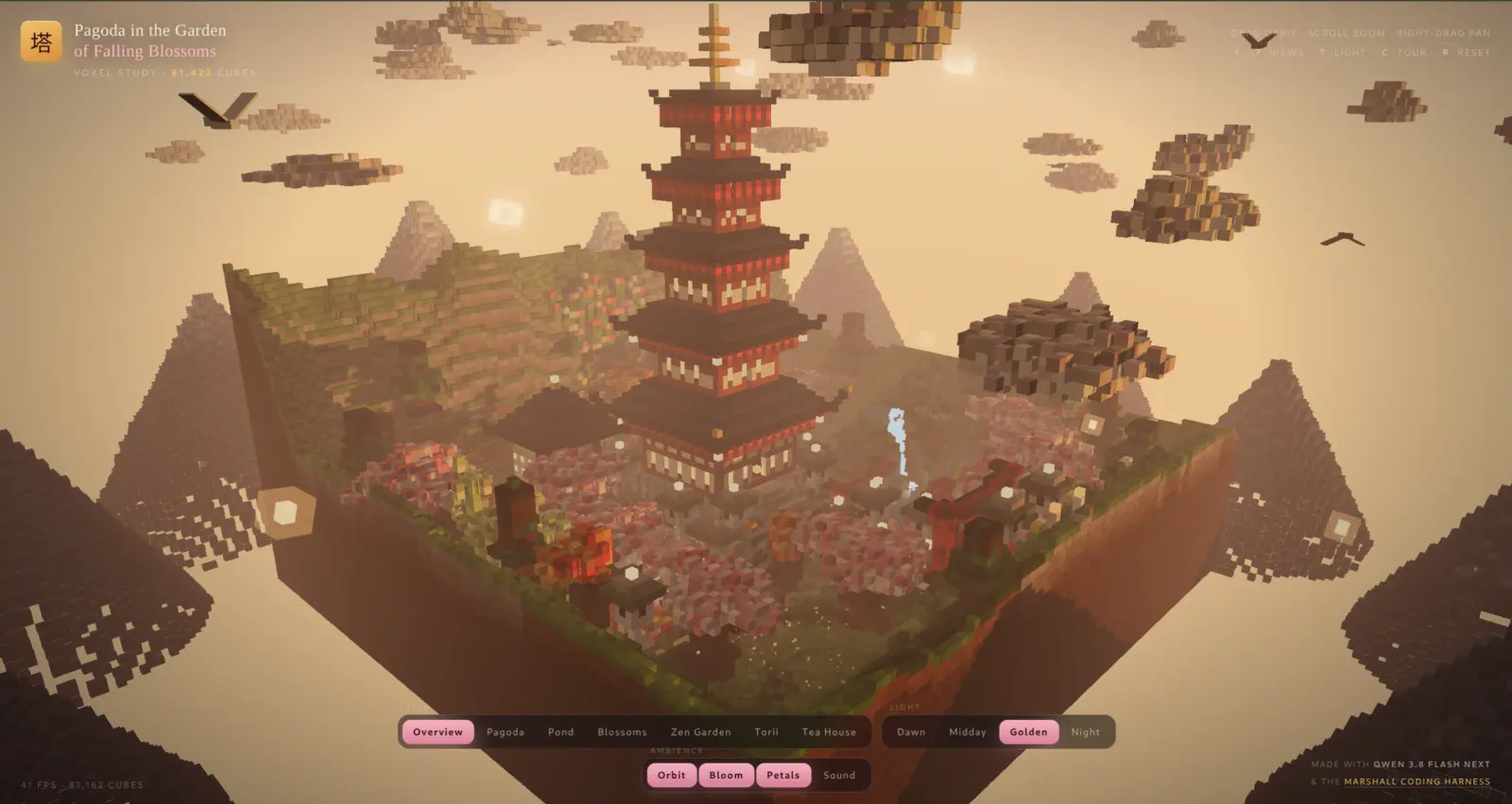 Voxel-style 3D pagoda garden scene at golden hour, with cherry blossoms, a pond, and a zen garden, built in three.js by Qwen3.8-Flash-Next