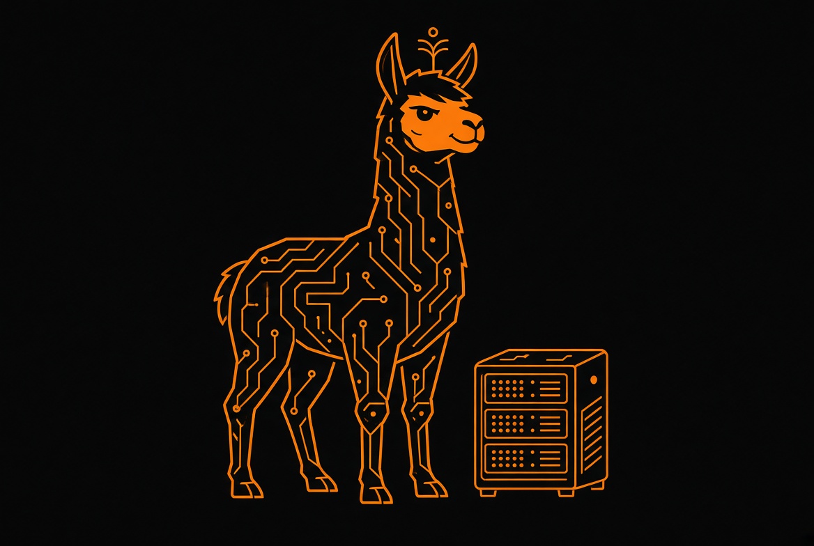 Illustration of a llama with a glowing orange circuit-board pattern standing beside a server rack