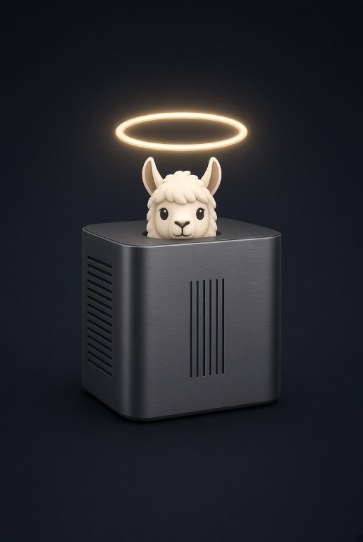 Illustration of a llama peeking out of a small server box, with a glowing halo above its head